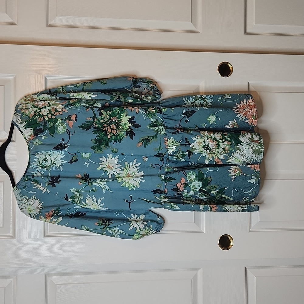 H&M Turquoise Green Floral Drop Waist Raglan Sleeve Dress Size XS - Picture 10 of 11